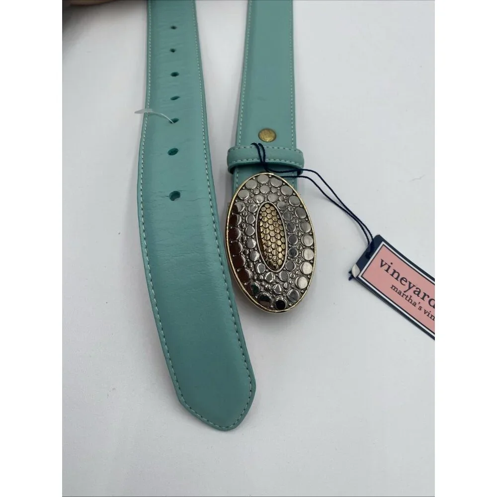 Vineyard Vines Mint Green Leather Belt Womens Sz L Silver Buckle 1 1/2
